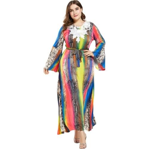 Fashion Women Printed Long Flare Sleeve Dress Ethnic Boho Abaya Kaftan Muslim Cocktail Party Jilbab Arab Robe Gown Islamic Abaya