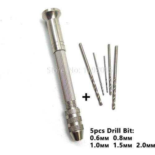 1 Pcs Mini Micro Aluminum Hand Drill with Keyless Chuck +5 Pcs High Speed Steel Twist Drill Bit Woodworking Drilling Rotary Tool