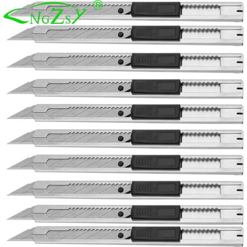 10pcs Alloy Steel Utility Knife Paper Office Diy Art Cutter Stationery School Carving Open Box Car Wrap Film Cutting Tools 10E02