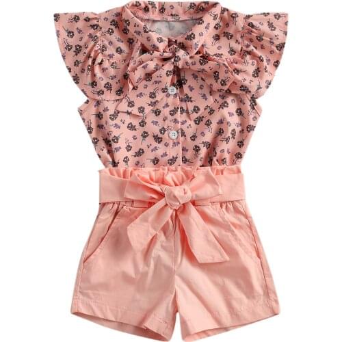 2021 1-6Y Fashion Girl Clothes 2pcs Kids Summer Floral Printed Ruffle Bou Shirt Tops+High Waist Shorts With Belt Outfit for Baby