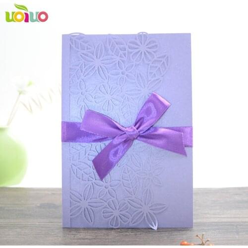 DIY customzied 30pcs inc13 Laser Cut Wedding invitations Card lavender,tied bow,print insert,envelope
