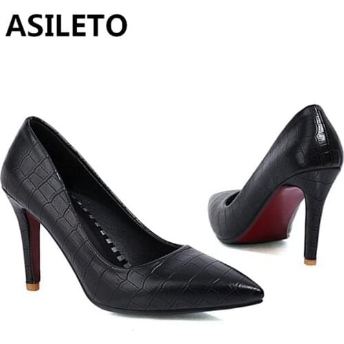 ASILETO Small Big Size 32-43 Dress Shoes Lady Pointe Toe 9cm Thin Heel Pumps PU Leather Office White Pink Red Black S2488