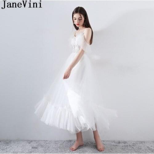 JaneVini White Elegant Bridesmaid Dress for Wedding Party Sexy Tea-Length Tulle Women Prom Formal Gowns Long Maid Of Honor Dress
