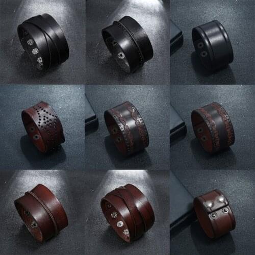 Black Brown Wide Leather Bracelet Vintage Genuine Leather Bangles Women Men Ethnic Punk Jewelry