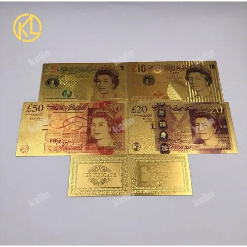 Hot Sale For 4pcs/Sets UK Color Gold Banknote 5 10 20 50 Pounds Banknotes in 24k Gold Plated Fake Paper Money For Collection