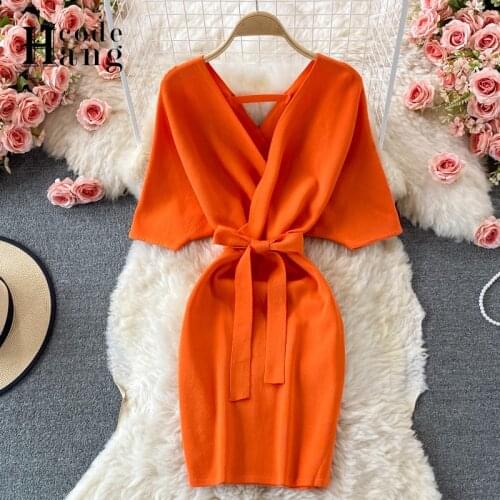 HangCode Summer Dress 2021 Fashion Knitted Bodycon Dress Women Solid V-neck Lacing Up Elegant Party Dress Casual Ladies Dresses