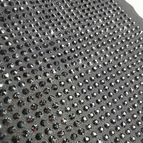 Hot Fix High Quality Black Crystal Rhinestone Polyester Spandex Elastic Stretch Fabric Milk Silk