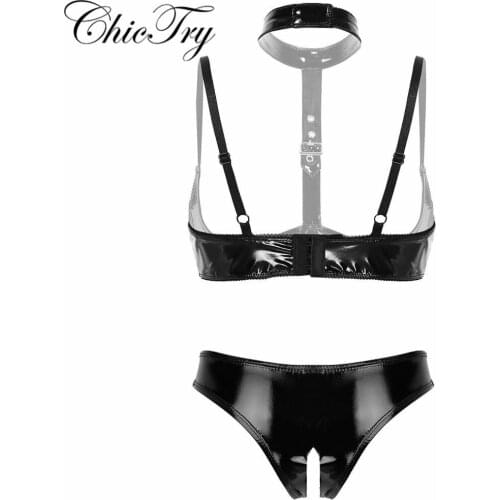 Womens Femme Wet Look Patent Leather Underwear Hot Sexy Lingerie Set Open Cups Erotic Bra Tops with Crotchless Briefs Panties