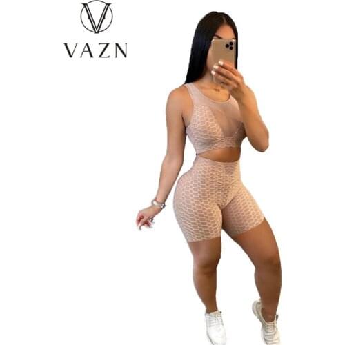 VAZN Summer European and American Womens Mesh Splicing Tight Perspective Sexy Sleeveless Yoga Two Pieces