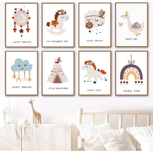 Moon Trojan Horse Cloud Swan Rainbow Cartoons Nordic Posters And Prints Wall Art Canvas Painting Wall Pictures Kids Room Decor