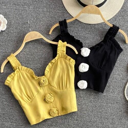 Tank Top Women Bright Solid Candy Color Basic Camisole Floral Rose Ruffle Trim Ribbed Sweet Underwear Slim Vest Suspenders Women