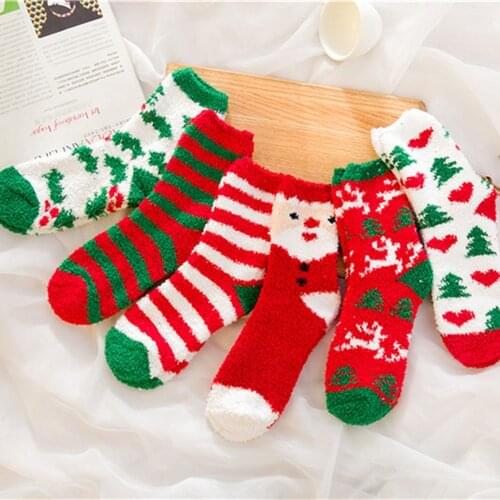 1 Pair Cute Christmas Thick Socks Santa Claus Striped Cotton Coral Fleece Women Winter Warm Fluffy Floor Socks Xmas Gifts