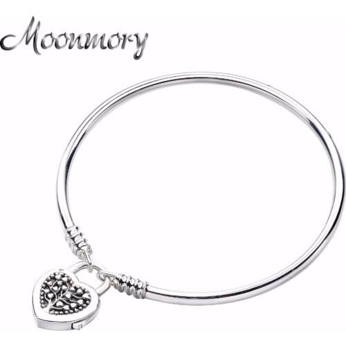 Moonmory Authentic 100% 925 Sterling Silver Flourishing Hearts Padlock Bangles Family Tree For Women Vintage Mothers Day Gift