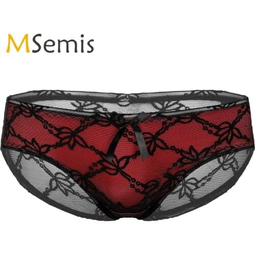 Mens See-through Floral Lace Sissy Underwear Lingerie Panties Bowknot Elastic Waistband Briefs Patchwork Undershorts Underpants