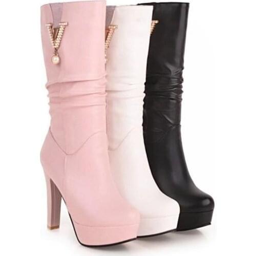 New Autumn And Winter Fashion Mid Calf Sexy High Heel Women Platform Boots White Black Pink 2019
