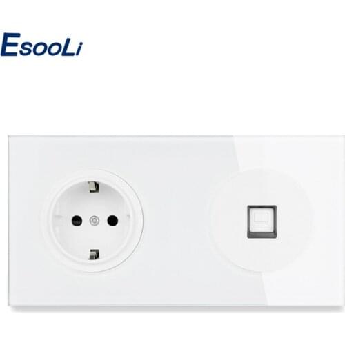 Esooli Crystal Tempered Pure Glass Panel Panel Black French Standard Wall Socket +2 Gang CAT5E RJ45 Internet Data Computer Jack