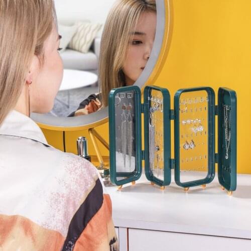 Plastic Large Jewelry Box Organizer 4 Fan Storage Case Necklace Earrings Ring Mirror Display Desktop Jewel Holder