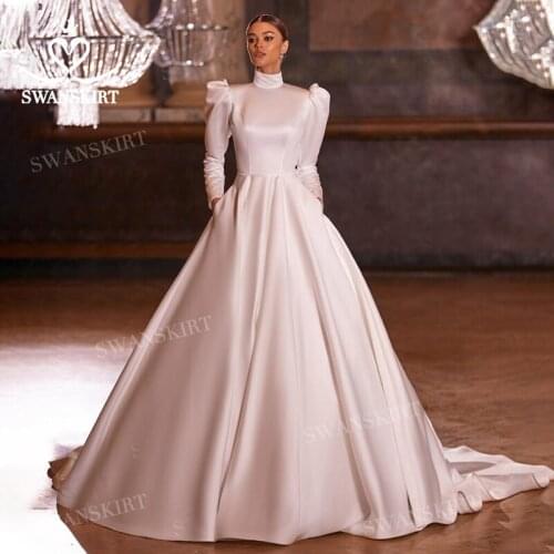 Elegant Long Sleeve Satin Wedding Dress 2021 A-Line Court Train Princess Vestido De Novia SwanSarah M102 Plus Size Bridal Gown