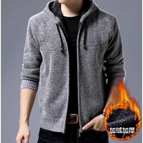Plus velvet thick sweater mens cardigan coat Korean Slim solid color trend warm mens clothing