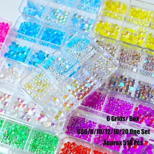 6 Grids/ Box Half-round Crystal Beads for Nail Decoration, SS6-SS20 Sizes Nails Accessories Rhinestones Manicure Set Supply#DF06
