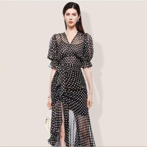 IVY HE High Chiffon Dress Quality Vintage Elegant Black Chiffon Dot Midi Long Dress Summer Party Dinner Dresses Traf Robe Elbise