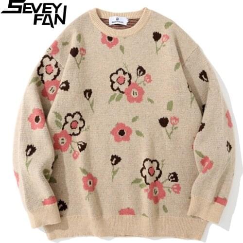 SEVEYFAN Mens Casual Flower Jacquard Sweater BF Loose Cotton Pullover Knitwear for Couples