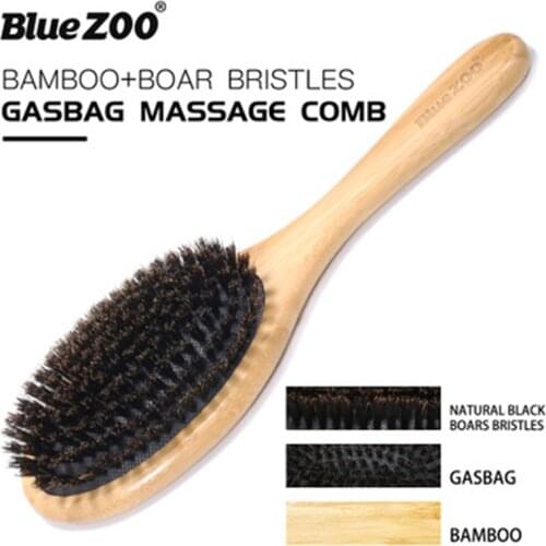 Natural Bamboo Hair Brush Bamboo Black Boar Bristles Gasbag Massage Comb Improve Hair Growth Dandruff Scalp Prevent Hair Loss