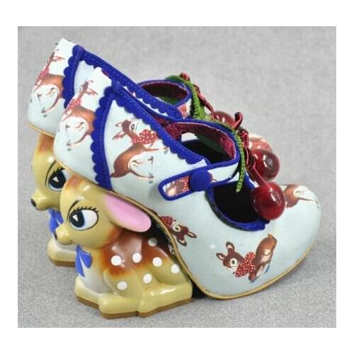 Drop Shipping Painted Deer Heel Bridal Wedding Shoes New Design Cherry Belt Buckle Printed Color Strange High Heel Shoes Woman