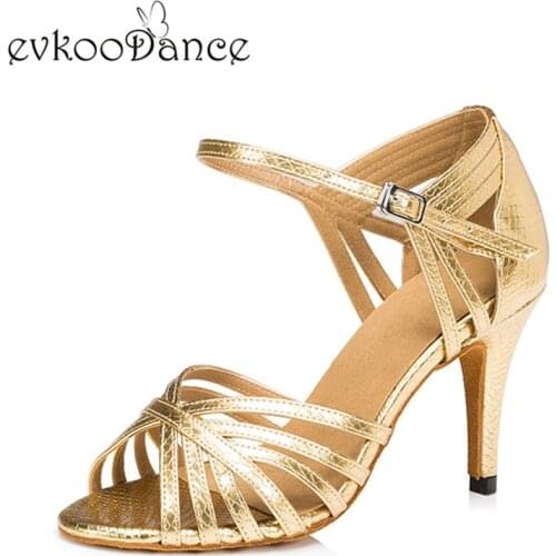 Evkoodance Practice Women Latin Shoes Gold Leather Salsa Shoes 8.5cm High Heel Latin Salsa Ballroom Dance Shoes Free Shipping