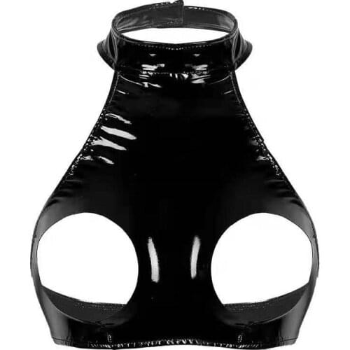 Women Sexy Glossy Open Cup Leather Bra Hollow Out Shaping Camisole Porn Breast Exposing Latex Shiny Leather Crop Tank Tops Sexi