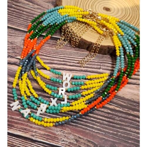 Flatfoosie Crystal Beads Shell Initial Letter Pendant Necklace For Women Bohemia Colorful Beaded Choker Necklace Fashion Jewelry