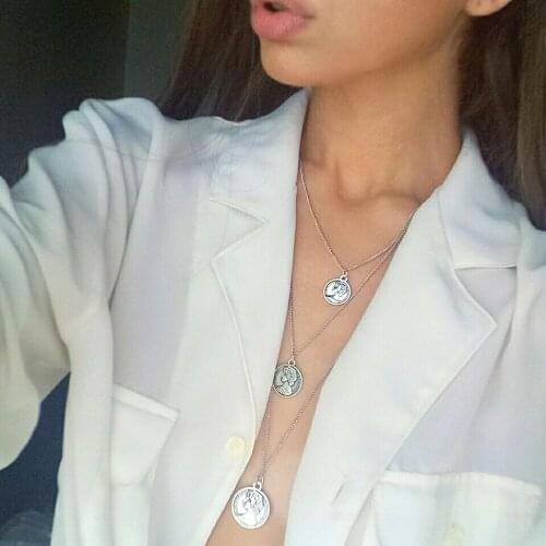 ALIUTOM Elegant Triple Chain Necklace for Women Vintage Bohemian Carved Portrait Round Coins Pendant Necklace Fashion Jewelry