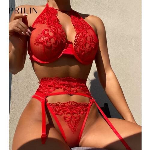 Women Sexy Transparent Embroidery Garter Lingerie Set Lace Bralette Push Up Gather Bras Sex Panties Erotic Temptation Underwear