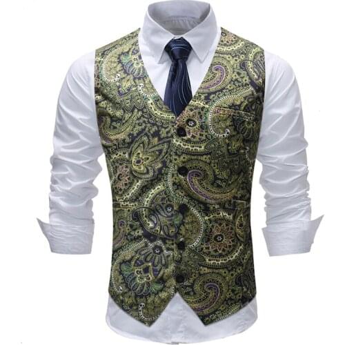 Print Vest Men Suit Homme Wedding Sleeveless Slim Fit Paisley Floral Dress Vests for Men Single Button Waistcoat