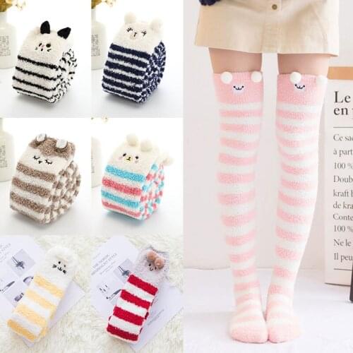 Winter Coral Fleece Over The Knee Socks WomenS Animal Shape Stockings Striped Cute And Comfortable Long Thigh High Stockings