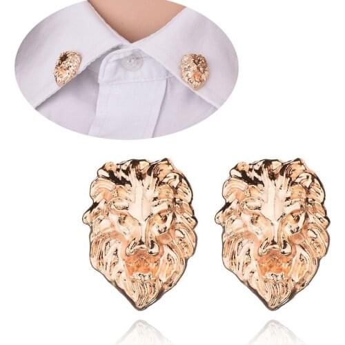 1 Pair Lion Head Brooch Domineering Unisex Collar Needle Retro Badge Cool Relief Lion Head Shirt Suit Collar Pin Gold Color