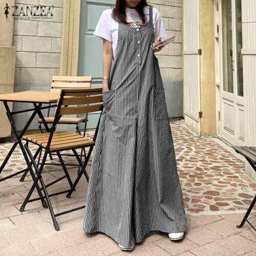 2021 ZANZEA Casual Wide Leg Pants Vintage Striped Jumpsuits Womens Summer Overalls Female Long Pantalon Palazzo Oversize Romper