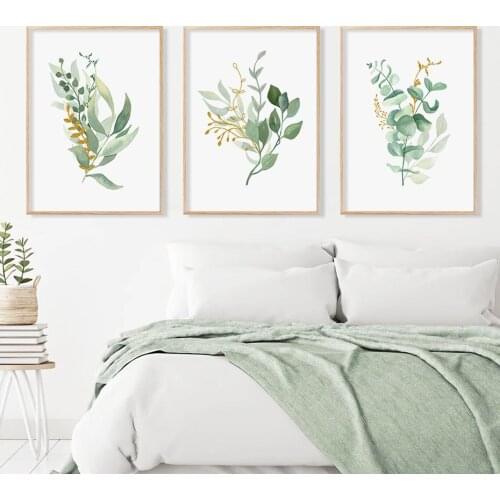 Watercolor Floral Poster Gold Green Leaves Wall Art Print Canvas Painting Minimalist Art Mural Picture Interior Home Decor
