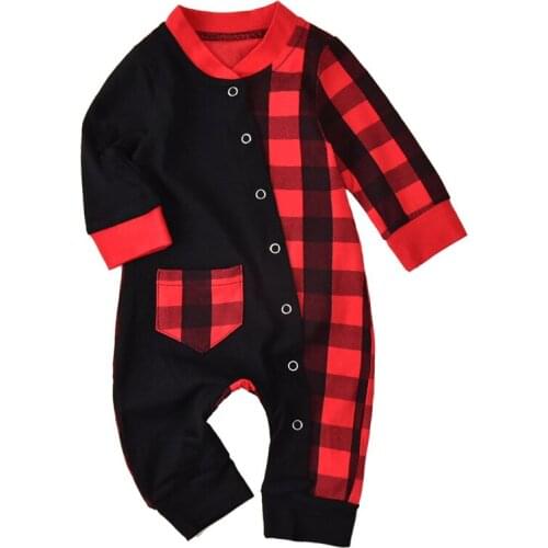 2021 Newborn Toddler Baby Boys Girls Classic Red and Black Plaid Christmas Clothes Long Sleeves Fly Shoulder Cute Rompers 0-18M