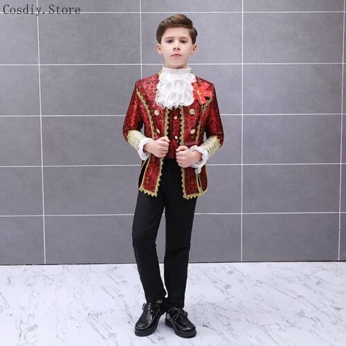Halloween Prince Victorian Costume Blazer Suits For Kid Boy Child Palace Wedding Lace Jacket Coat Retro Outfit Noble Gala Dress