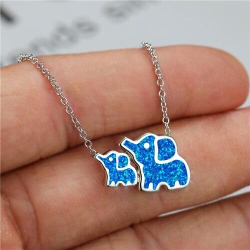 Cute Elephant Mom and Elephant Baby Pendant Blue Chain Necklace Women Charm Bridal Wedding Jewelry Mother Gift