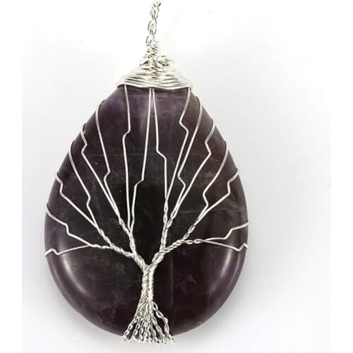 Trendy-beads Popular Silver Plated Tree of Life Wire Wrapp Water Drop Natural Purple Amethysts Pendant