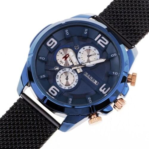 BAGARI Stainless Stain Watch Band Blue Glass Dial Men Quartz Watch Sports Watch Fashion Watch
