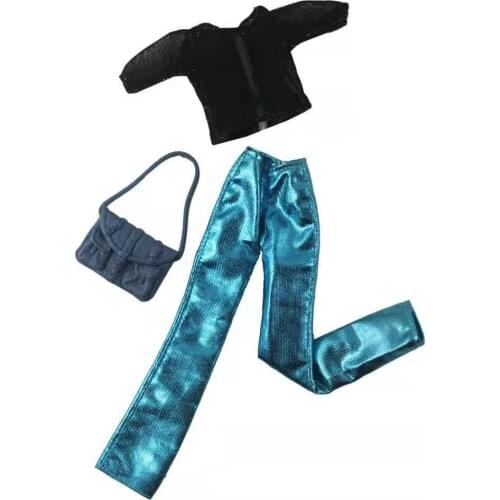 1/6 BJD Clothes For Barbie Doll Clothes Outfits Black Shirt Top Blue Flared pants Trousers Handbag 11.5" Dolls Accessories Toys