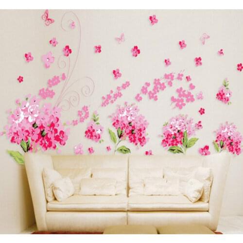 Romantic Cherry blossoms Flowers Wall Stickers for Wedding Room Home Decoration Living Room Bedroom Hydrangea Pink Flower Murals