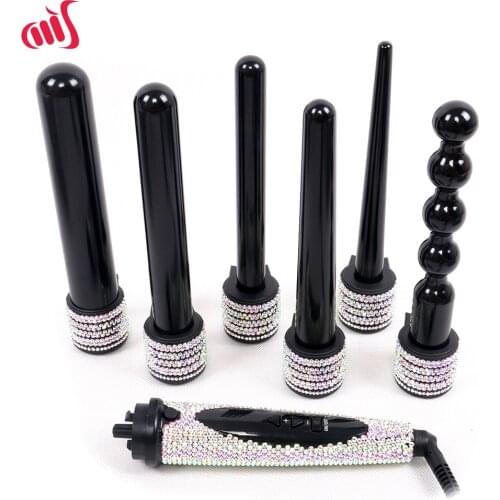 Crystal 6 IN 1 Hair Curling Iron Diamond Hair Curler Wand Set Ceramic 6 IN 1 Interchangeable Barrels Bling Hair Styling Hot Tool