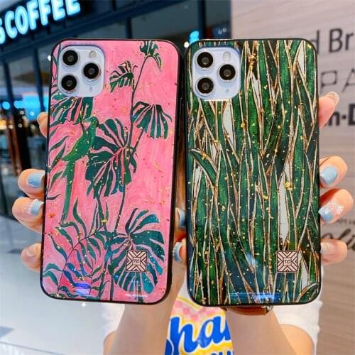 Luxury Bling Gold Foil Fresh Leaf Marble Jade Silicone Case For iPhone 12 11 Pro Xs Max Mini SE X XR 7 8 Plus Glitter Soft Cover