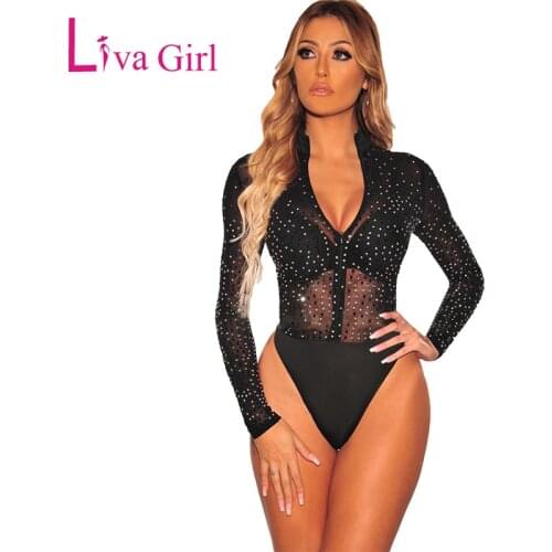 LIVA GIRL Black Sheer Silver Rhinestone Sexy Bodysuit Women Studded Mock Neck with Zipper Long Sleeve Bodysuits Female Body Tops