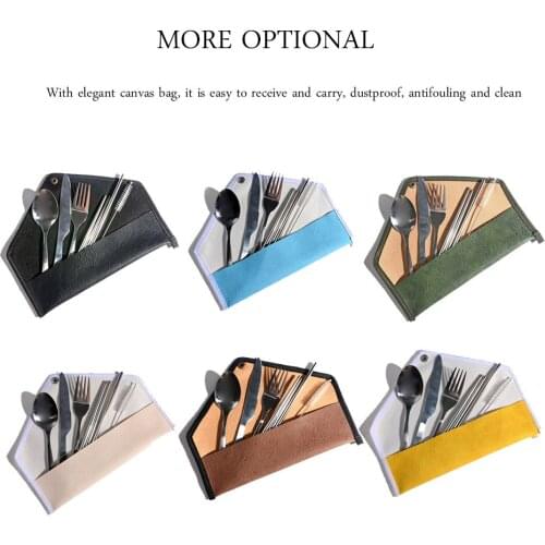 6pcs Stainless Steel Flatware Reusable Tableware Travel Cutlery Set in Portable Leather Bag Steel Tube Spoon Fork and Knife Kits