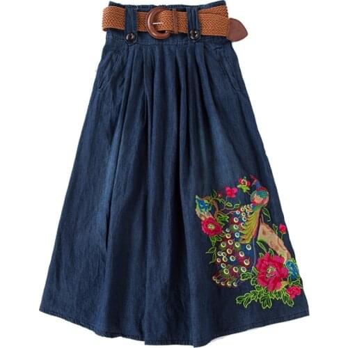 New Woman Denim Skirts Peacock Embroidery With Belt Pleated Skirt Plus Size S-6XL Fit For 40kg-90kg